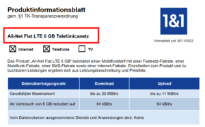 1&1 Netz Hinweis im Produktinformationsblatt